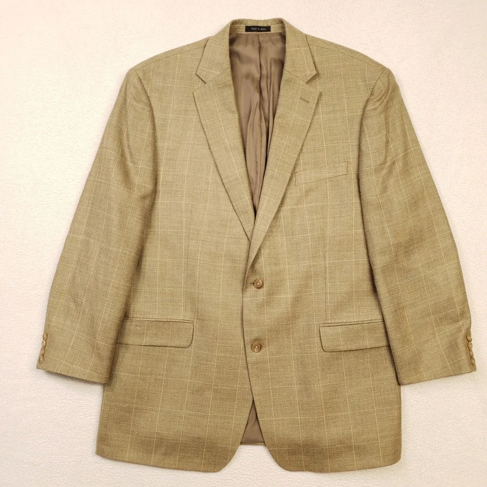 Lauren Ralph Lauren Sport Coat Men 48L Tan Silk Linen Wool Windowpane Blazer